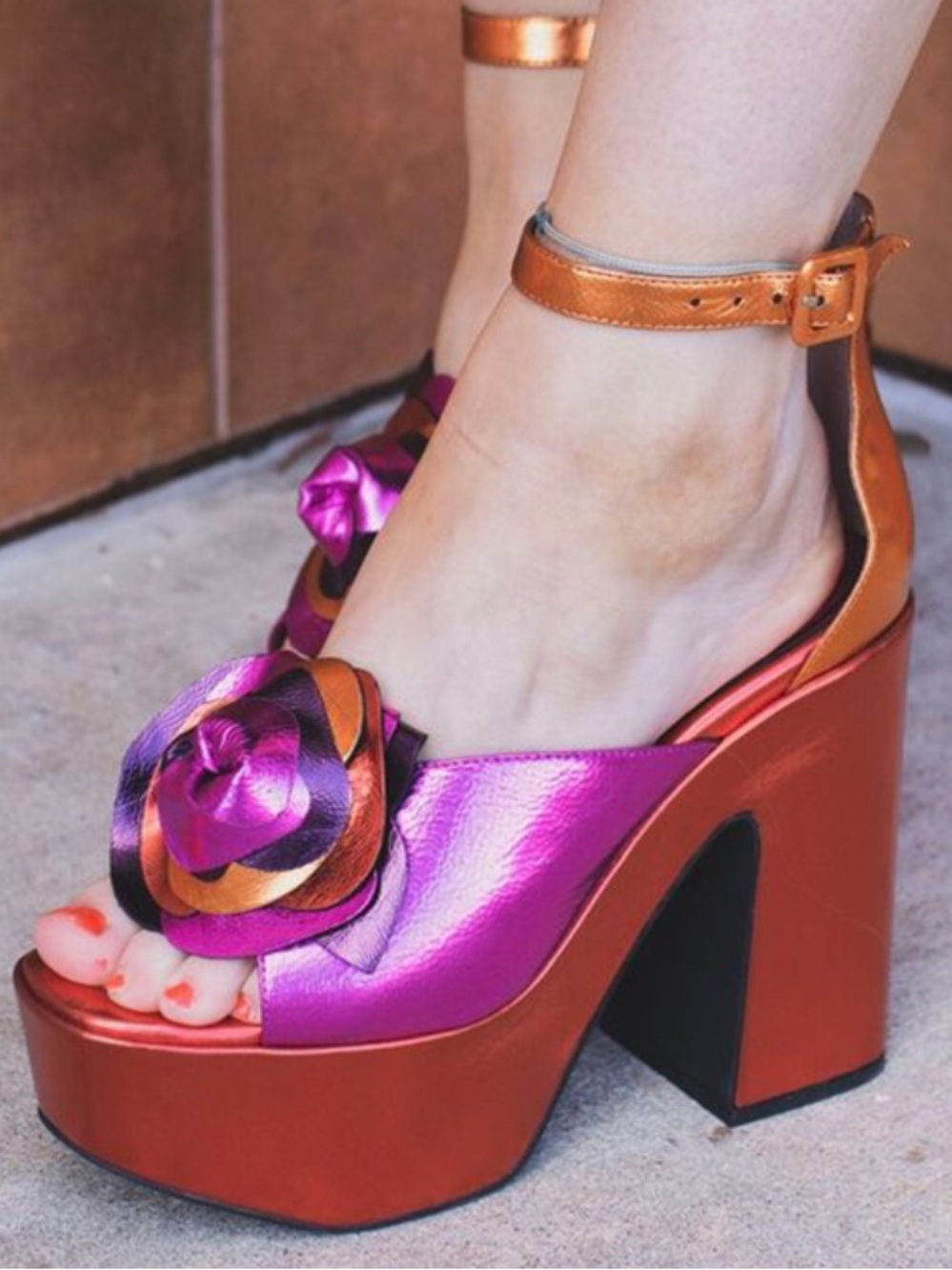 Jeffrey Campbell Metallic Fuchsia & Copper Flower Platform Sandals